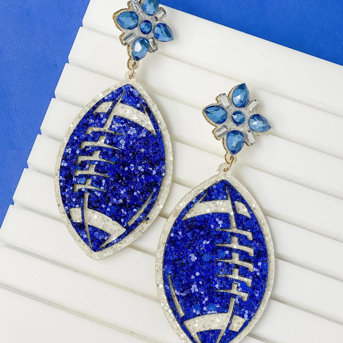 Glitter Football Dangle Earrings Blue & White