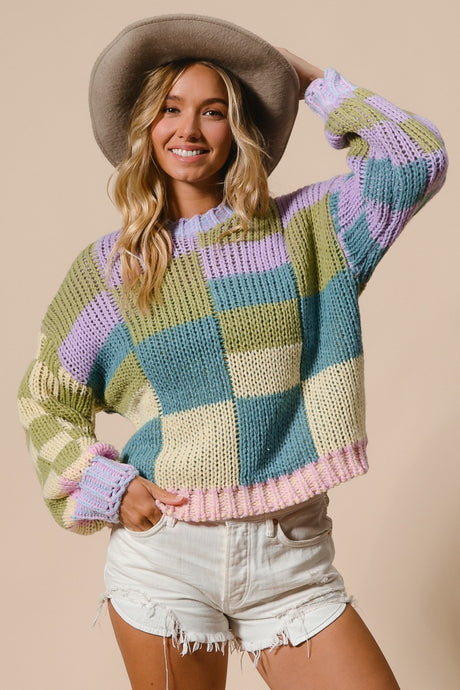 Angel Girl Color Block Checkered Sweater