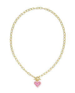 Kendra Scott Ari Heart Enamel Frame Chain Necklace in Gold Pink Iridescent Glitter