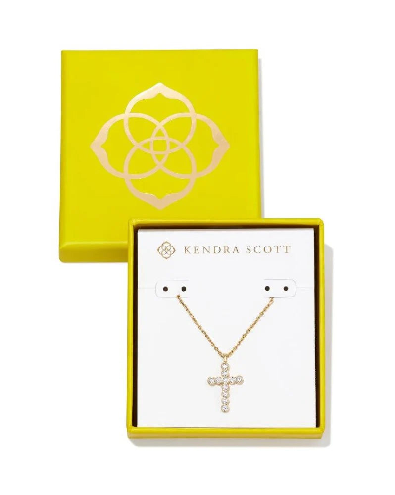 Kendra Scott Boxed Gold Cross Pendant Necklace in White Crystal