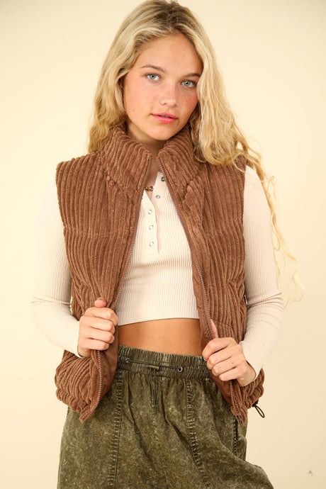 Our Best Bet Padded Corduroy Puffer Vest in Chocolate