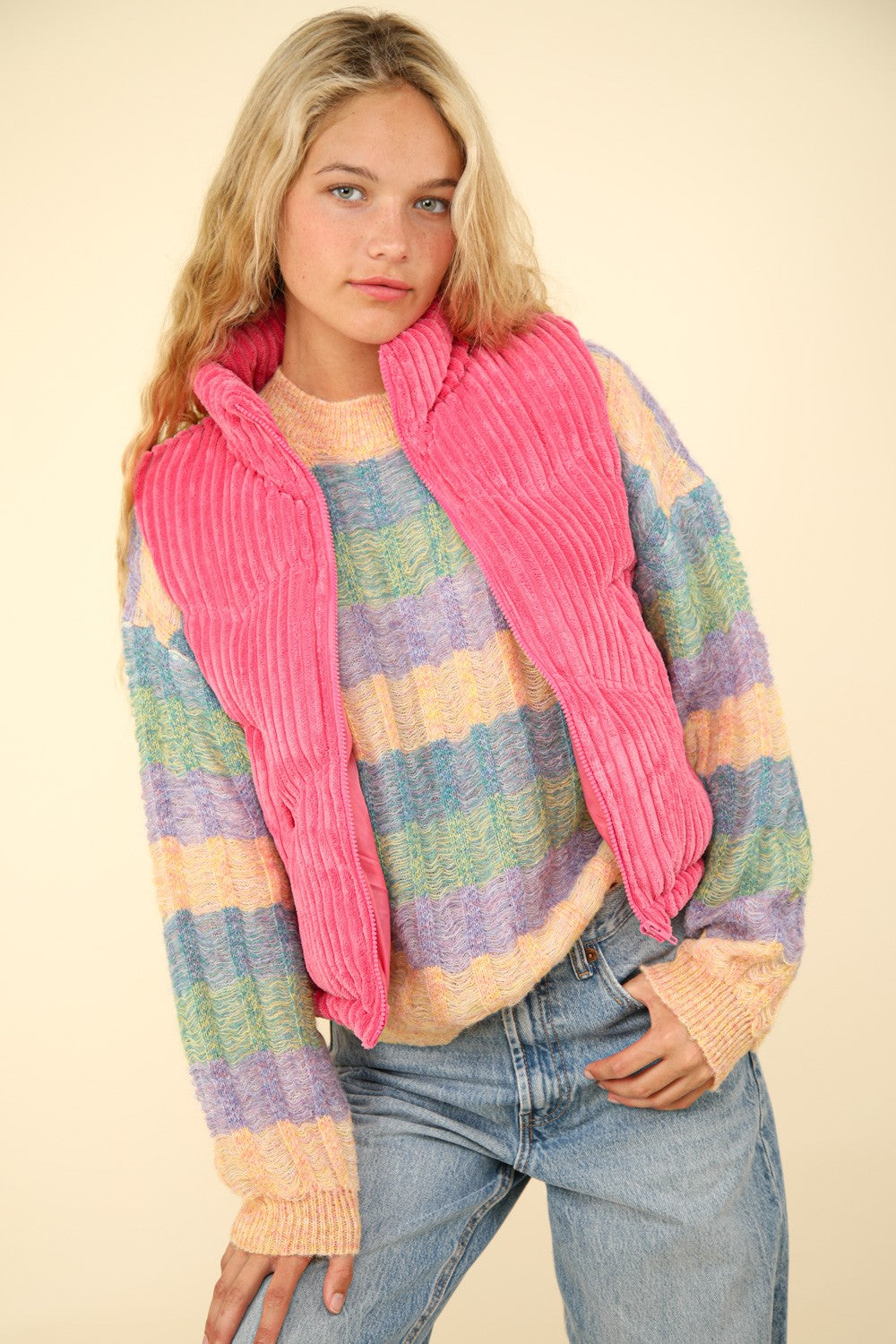 Our Best Bet Padded Corduroy Puffer Vest in Pink