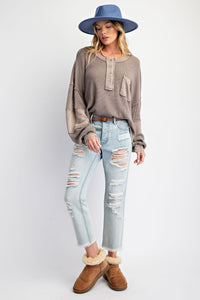 A Heart Like Mine Terry Knit Henley Top in Ash Brown