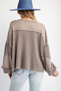 A Heart Like Mine Terry Knit Henley Top in Ash Brown