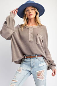 A Heart Like Mine Terry Knit Henley Top in Ash Brown