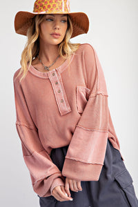 A Heart Like Mine Terry Knit Henley Top in Dusty Rose