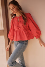 Load image into Gallery viewer, Happy Accidents Bow Peplum 3/4 Sleeve Blouse in Red