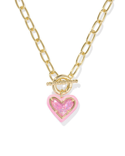 Kendra Scott Ari Heart Enamel Frame Chain Necklace in Gold Pink Iridescent Glitter