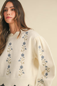 Cute Pick Embroidered Floral Sweater