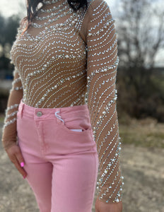 Pretty Little Psycho Rhinestone/Pearl Studded Bodysuit Nude