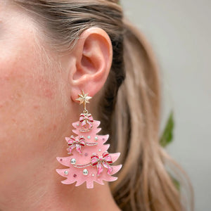 Festive Pink Christmas Tree Dangle Earrings