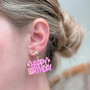 Hot Pink Happy Birthday Sparklers Dangle Earrings