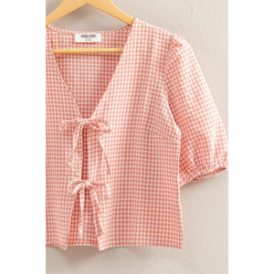 Loving You Gingham Print Bow Tie Puff Sleeve Blouse in Pink