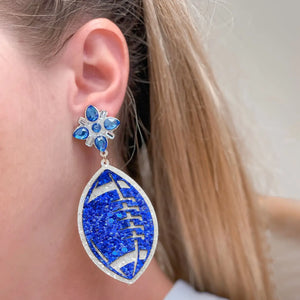 Glitter Football Dangle Earrings Blue & White