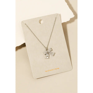 Rhinestone Ribbon Bow Pendant Necklace Silver