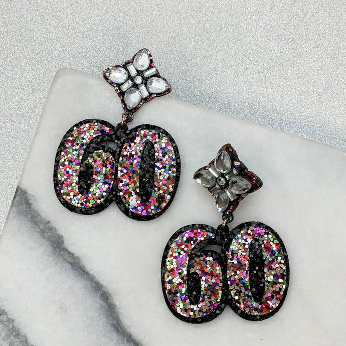 60th Birthday Glitter & Rhinestone Dangle Earrings