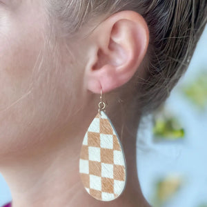 Beige Checkered Oval Dangle Earrings