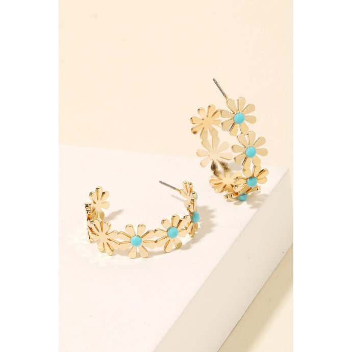 Solid Metallic Flower Link Hoop Earrings