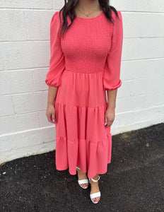 Loved By You Smocked Tiered Midi Dress Coral