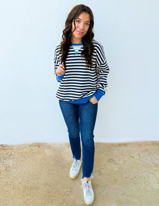 Looking Like an Angel Striped Oversized Sweatshirt in Navy