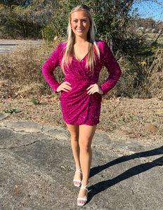 Holiday Romance Sequin Wrap Dress Fuchsia