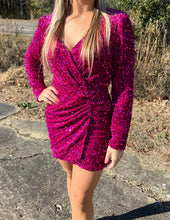 Load image into Gallery viewer, Holiday Romance Sequin Wrap Dress Fuchsia