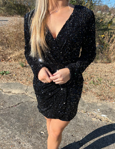 Holiday Romance Sequin Wrap Dress Black