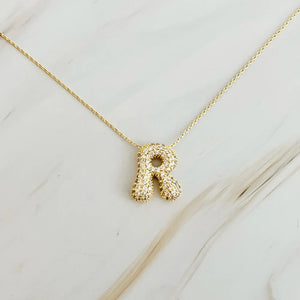 Crystal Bubble Letter Gold Initial Necklace