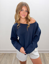 Load image into Gallery viewer, Ocean Drive- Essential Fleece Off Shoulder Top in Navy