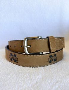 Crazy Horse Light Brown Stitch Leather Embossed Mississippi State Belt