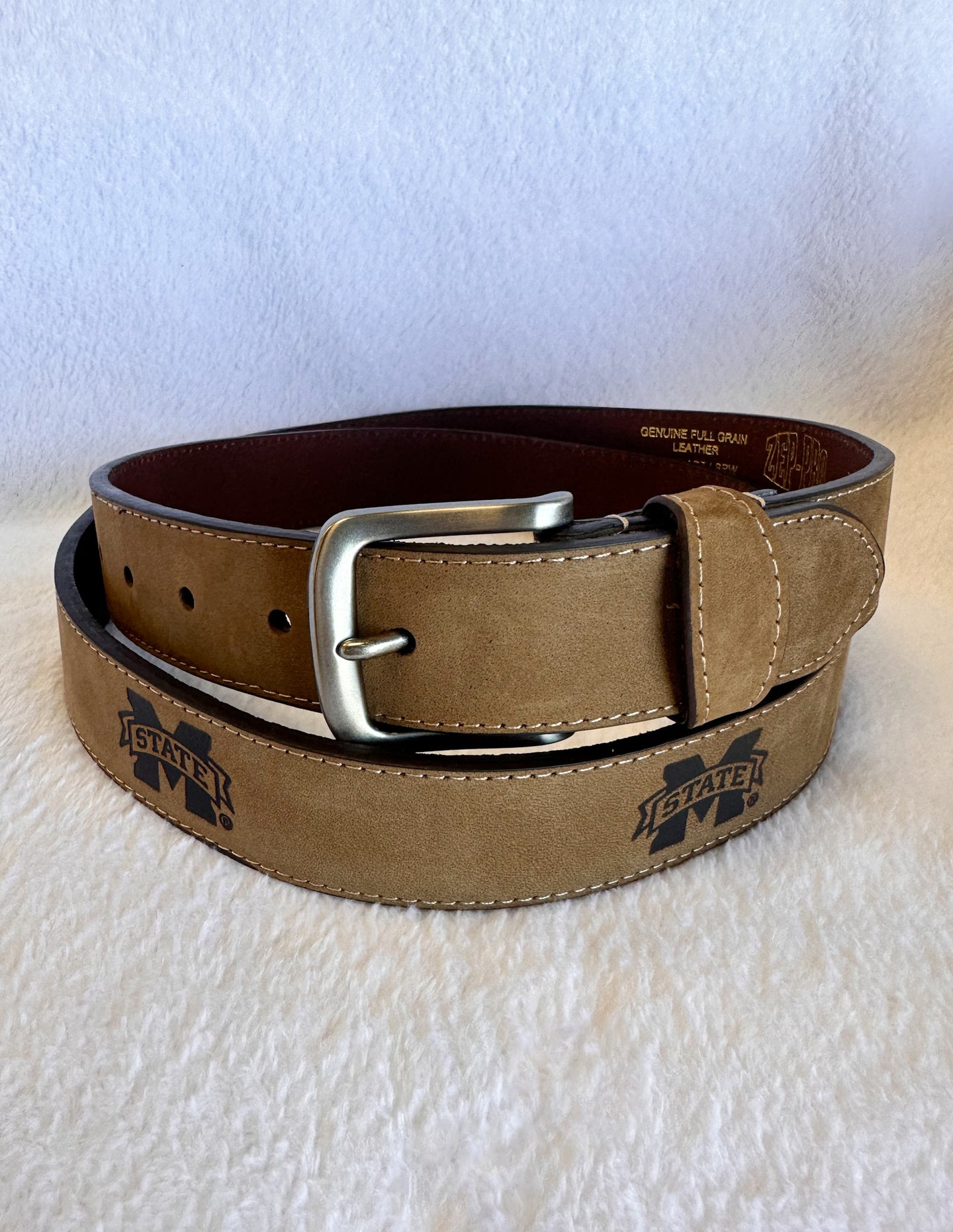 Crazy Horse Light Brown Stitch Leather Embossed Mississippi State Belt