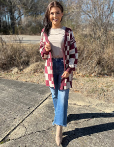 Checkerboard Loose Fit Cardigan Burgundy