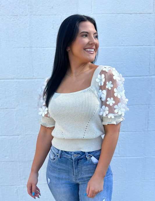 The Only One Floral Lace Puff Sleeve Knit Top