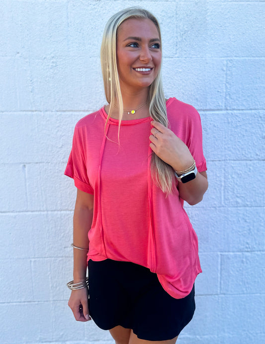 A Few Good Stories Exposed Seam Top New Coral Pink