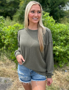 Sweet Soul Puff Sleeve Ribbed Top Olive Vintage