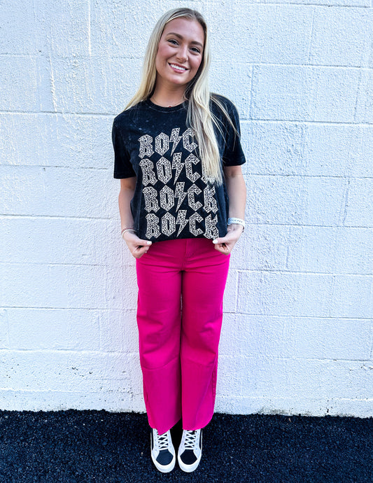 Free Falling Stretch Wide Leg Jean-Hot Pink