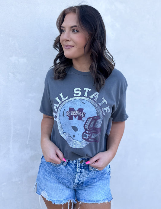 Mississippi State Bulldogs Helmet Circle Gray Thrifted Tee