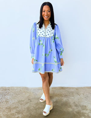 Only You and I Floral Long Sleeve Dress in Blue