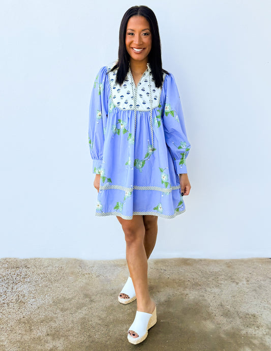 Only You and I Floral Long Sleeve Dress in Blue