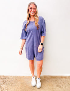 Never Leave Casual V-Back Short Sleeve Romper in Dusty Indigo