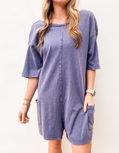 Never Leave Casual V-Back Short Sleeve Romper in Dusty Indigo