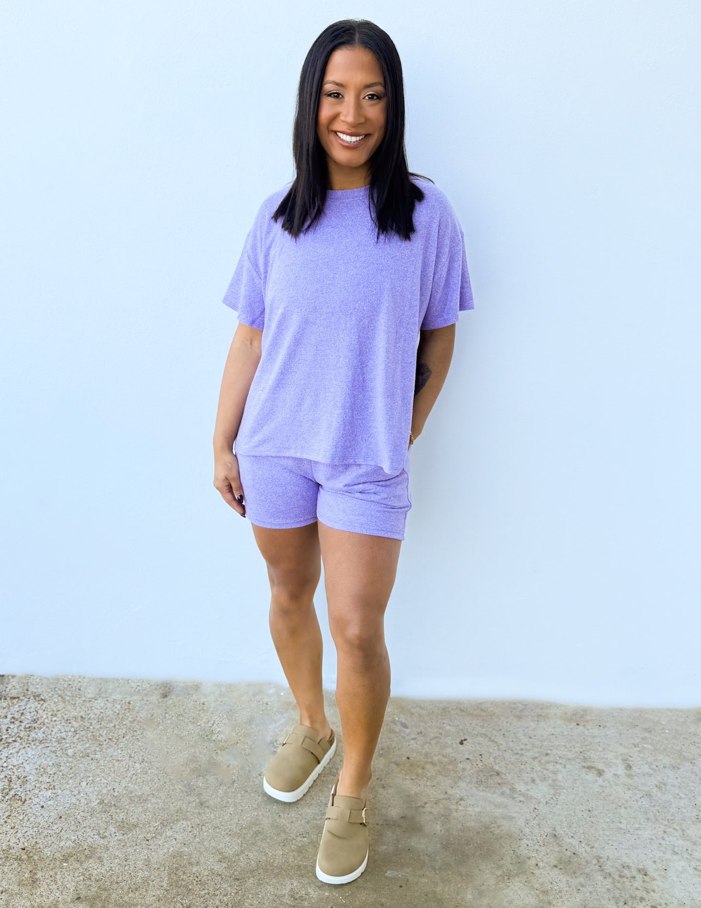 Love Me When I'm Gone Melange Short Sleeve Top & Shorts Set in Lavender