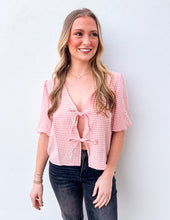 Load image into Gallery viewer, Loving You Gingham Print Bow Tie Puff Sleeve Blouse in Pink