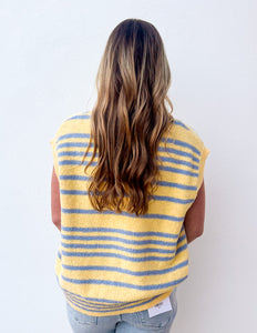 Spring Days Stripped Button-Up Sweater Top in Lemon/Blue