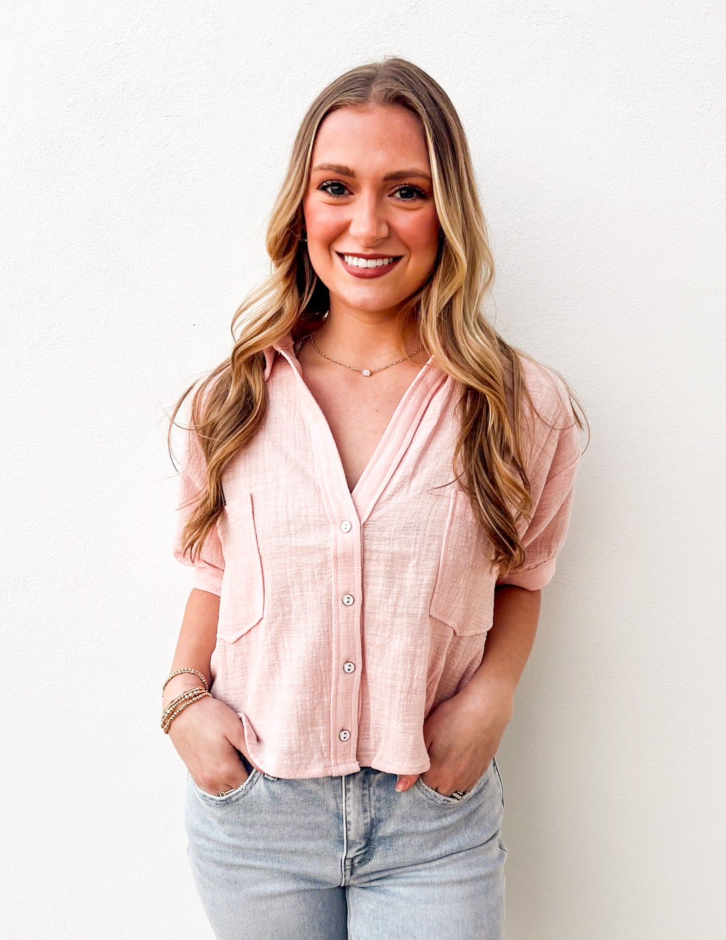 Nothing To Do Short Sleeve Button Crop Shirt in Light Pink