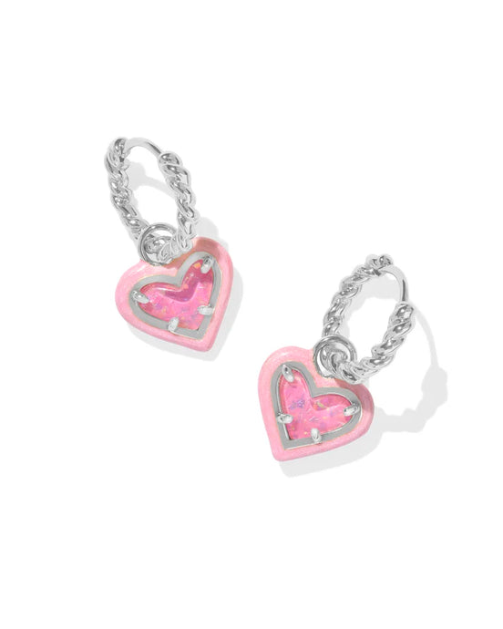 Kendra Scott Ari Heart Enamel Frame Huggie Earrings in Silver Pink Iridescent Glitter