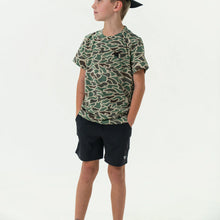 Load image into Gallery viewer, Burlebo Youth Athletic Shorts in Heather Black with Retro Duck Camo Liner