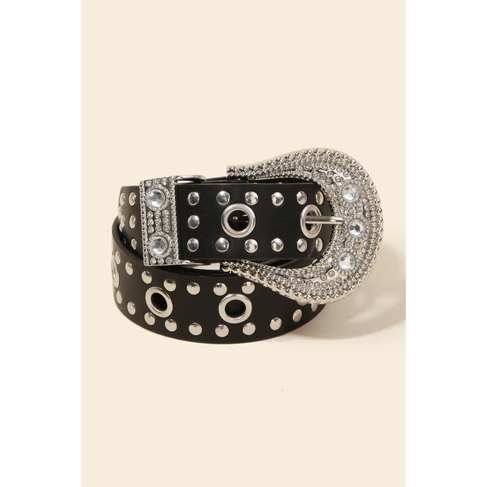 Rhinestone Buckle Grommet Belt Black