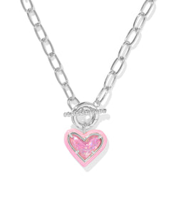 Kendra Scott Ari Heart Enamel Frame Chain Necklace in Silver Pink Iridescent Glitter