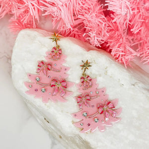 Festive Pink Christmas Tree Dangle Earrings